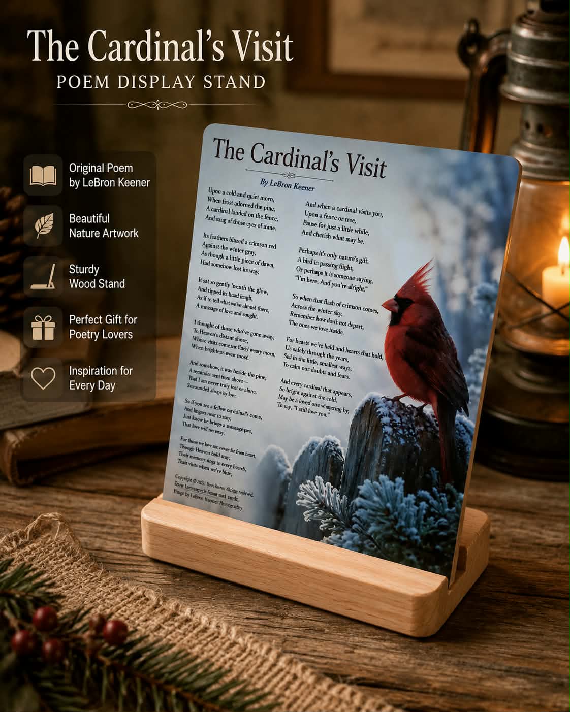 The Cardinal's Visit - 5" × 7" Metal Poetry Print with Wooden Display Stand