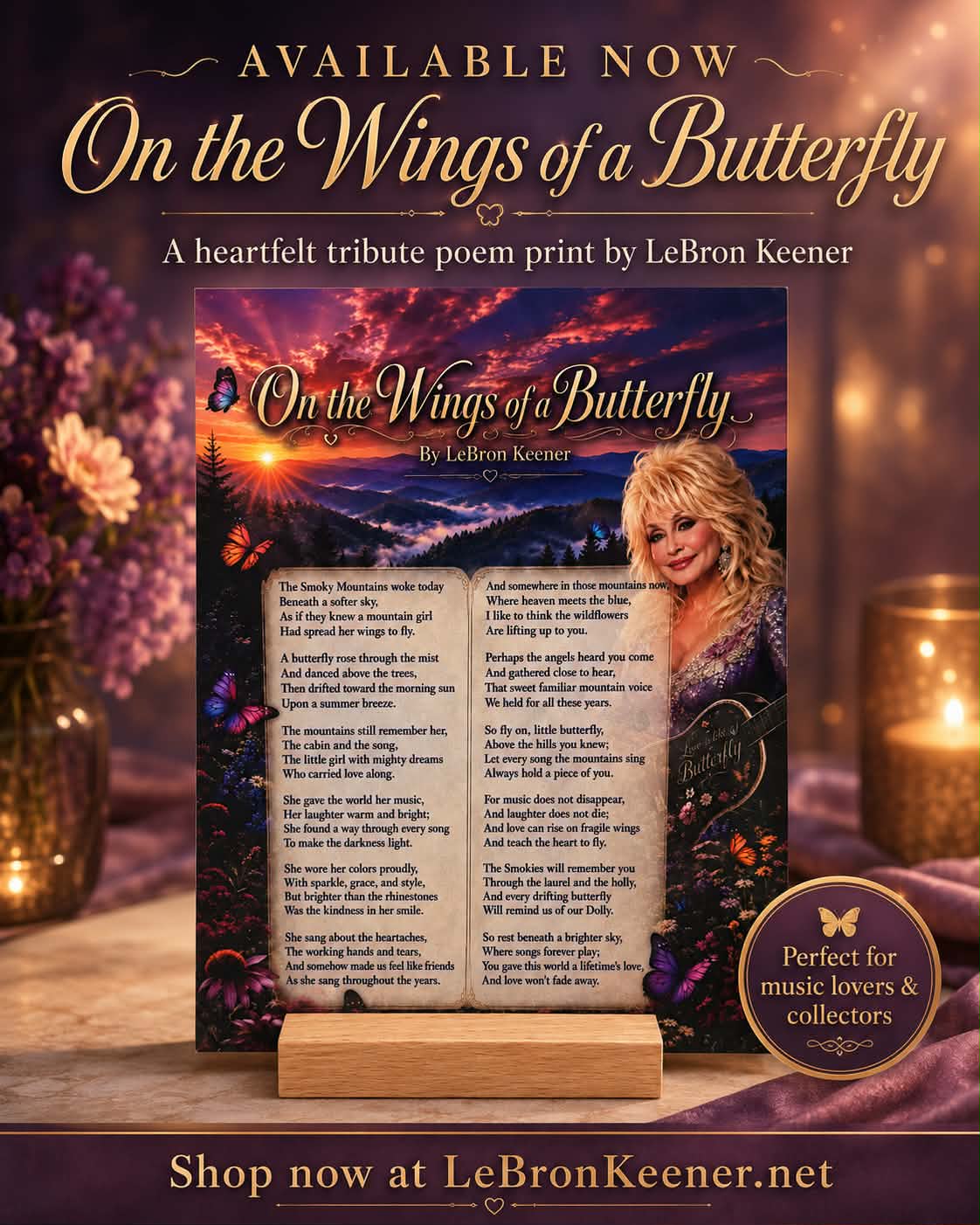 "On the Wings of a Butterfly" by LeBron Keener - Dolly Tribute Poem Metal Print with Stand (6" x 8")