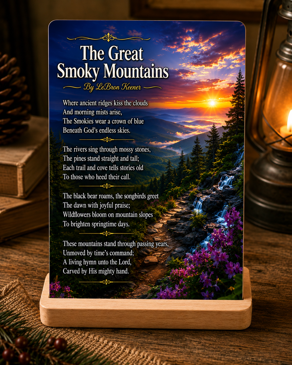 The Great Smoky Mountains - 5" x 7" Metal Poetry Print with Wooden Display Stand